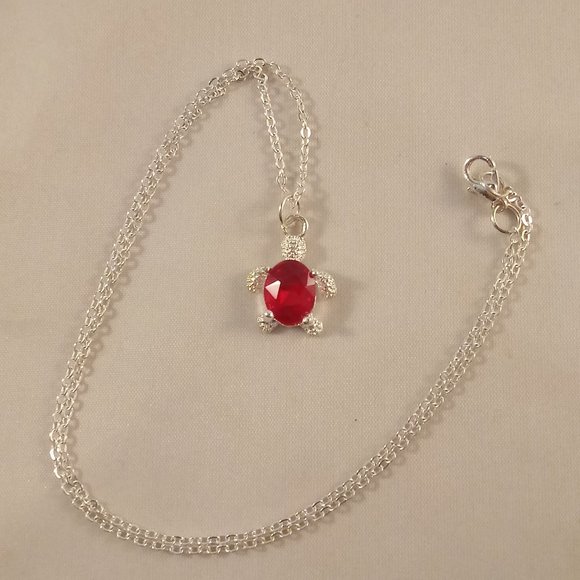 Silver Ruby Red Diamond Zircon Beaded Sea Turtle Pendant Necklace 2.54ctw 17" - Picture 5 of 5